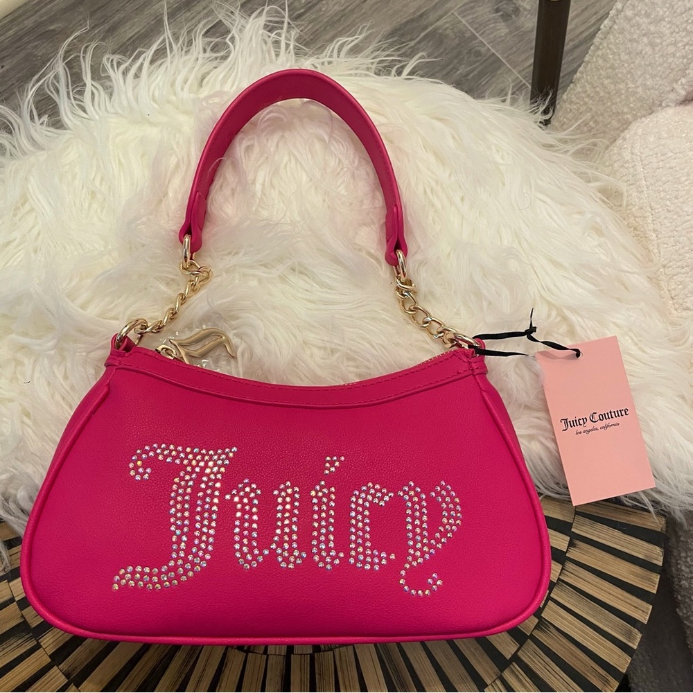 Juicy Couture 🌷 Rhinestone Pleather Gold Chain Link Shoulder Bag Hot Pink Purse